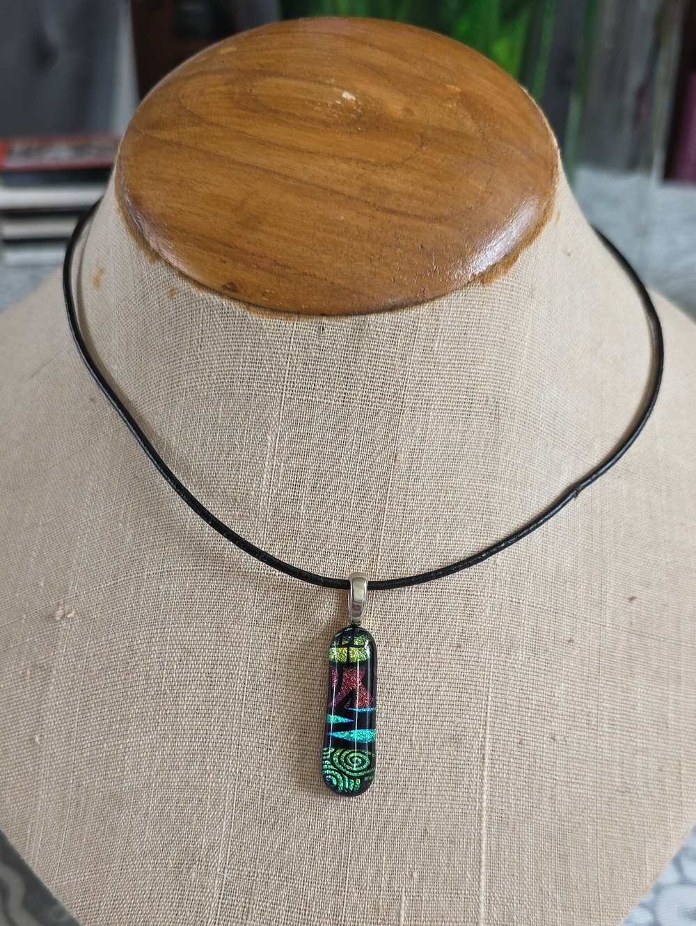Artisan Black Leather Necklace with Multi-Color Dichroic Glass Pendant